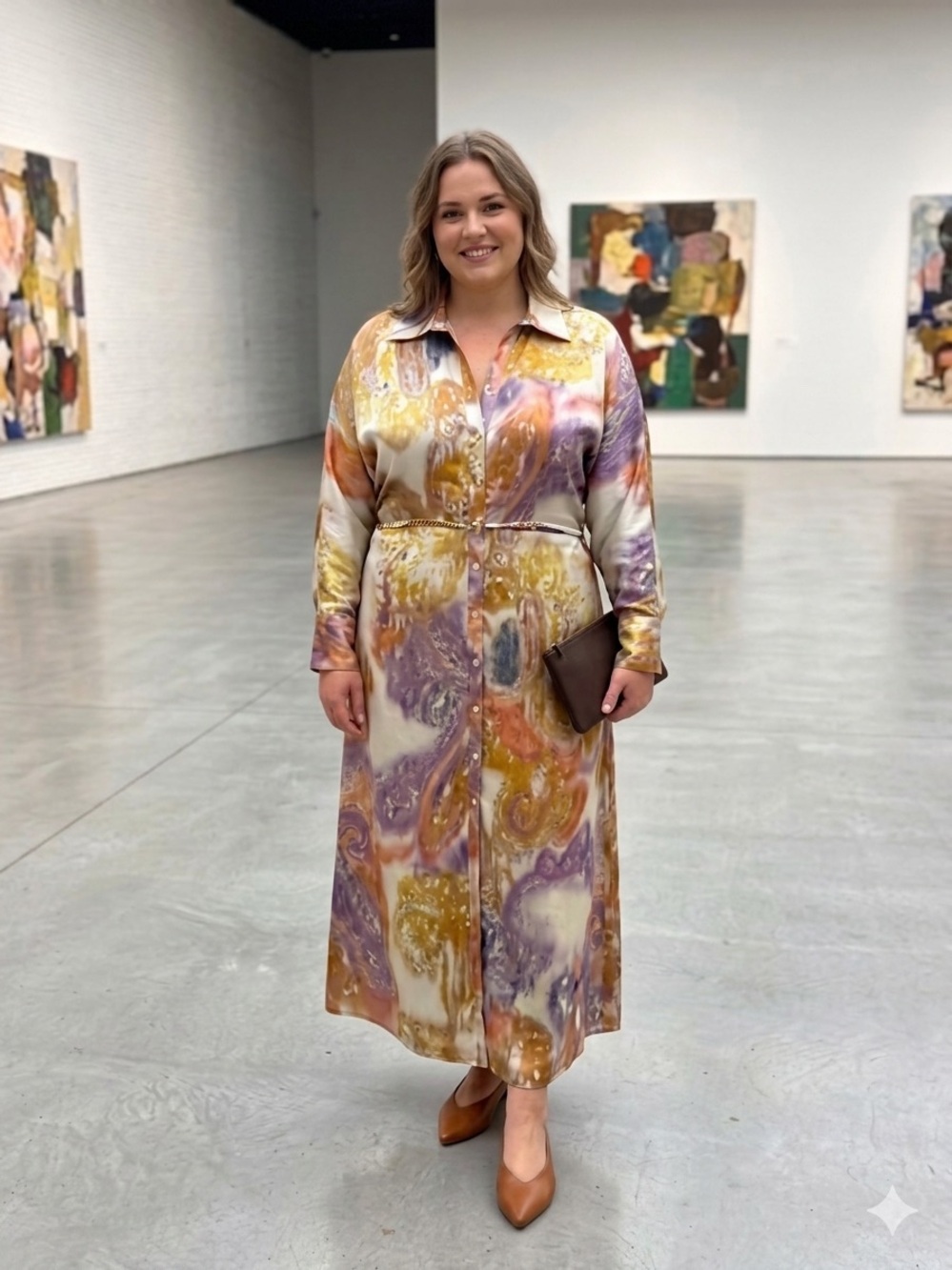 Zara Blurry Print Satin Effect Midi Shirt Dress Dolman Sleeve